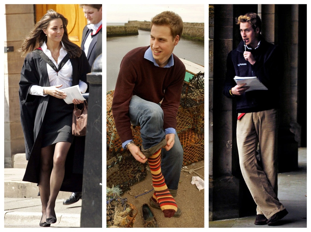 Кейт Миддлтон в день вручения дипломов, 23 июня 2005; Уильям после фотосессии на пляже в окрестностях Сент-Эндрюса, 21 июня 2003; принц на последнем курсе, 15 ноября 2004 | marieclaire.ru