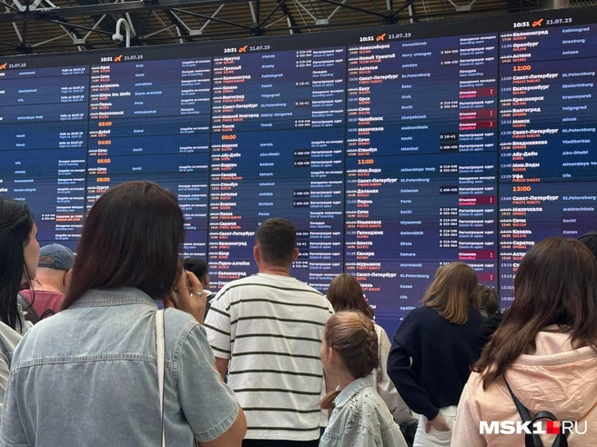 Табло в аэропорту горит красным цветом из-за многочисленных переносов и отмен рейсов — как на вылет, так и на прилет. | Источник: Михаил Мечев / MSK1.RU