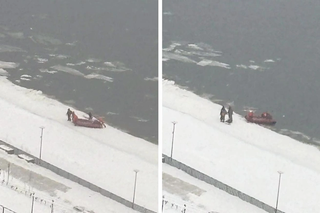 Рыбакам помогли городские спасатели: на лодке они доплыли до людей и сняли их со льдины | Источник: Виталий Юрьев / vk.com