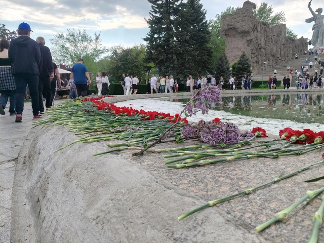 Традиционные гвоздики были возложены к подножию скульптуры «Стоять насмерть!». | Источник: Мария Умнова / V1.RU
