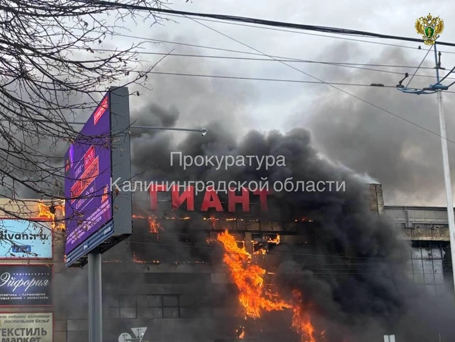 В Калининграде горит ТЦ «Гиант». Площадь пожара превысила 1000 квадратных метров