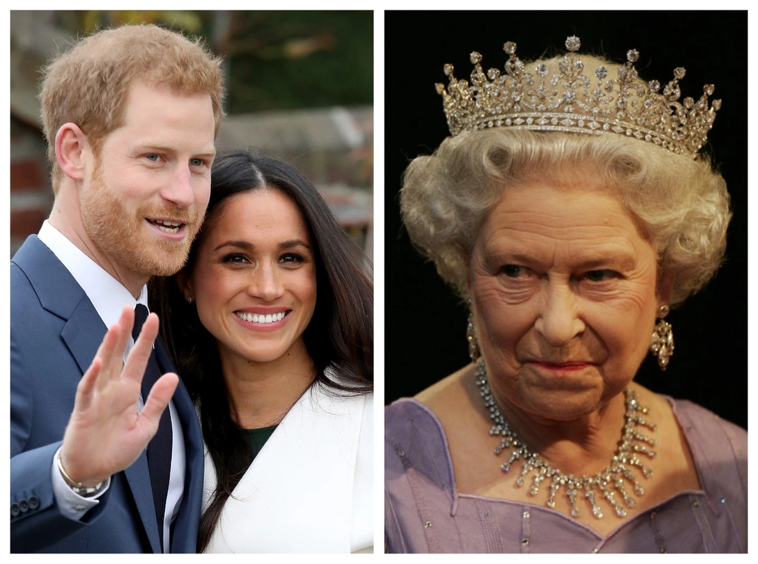 Принц Гарри и Меган Маркл во время объявления о помолвке, 27 ноября 2017; Елизавета II во время визита в Берлин, 2 ноября 2004 | marieclaire.ru