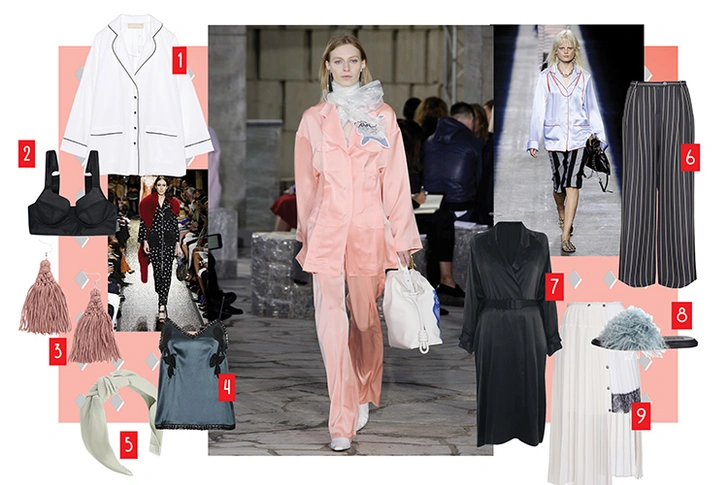 1. Рубашка, 12Storeez, 4 700 руб. 2. Бра, Asos, 2 100 руб. 3. Серьги, H&M, 999 руб. 4. Топ, Topshop, 3 199 руб. 5. Ободок, Accessorize, 720 руб. 6. Брюки, Pinko, 19 000 руб. 7. Платье, Topshop, 7 999 руб. 8. Сандалии, Topshop, 3 999 руб. 9. Юбка, Pinko, 18 530 руб.