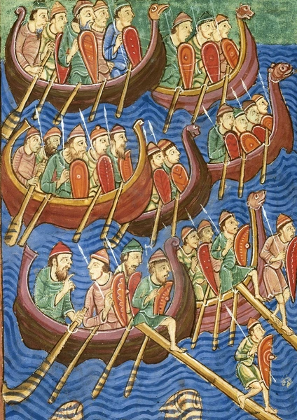 Корабли викингов прибыли в Британию около 1130 года. Найдено в коллекции библиотеки Пирпонта Моргана. Художник: Аббат Флерийский (ок. 945-1004) | Источник: Fine Art Images / Heritage Images / Pierpont Morgan Library / Getty Images