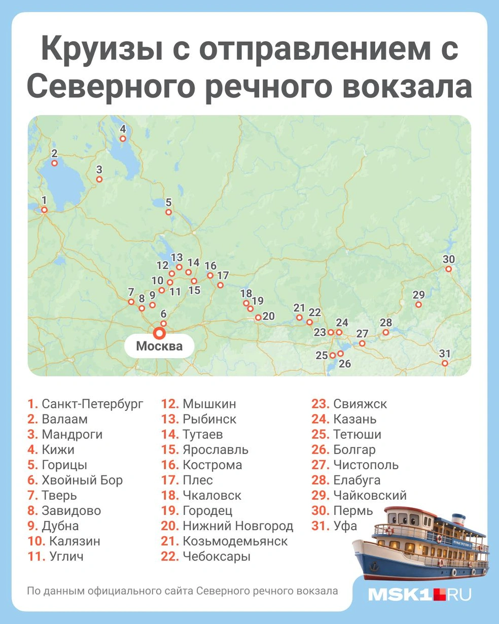 Список круизов с Северного речного вокзала в Москве | Источник: Полина Авдошина / Городские медиа