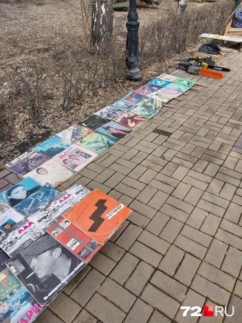 Разнообразие пластинок. Продавец выложил их на голую брусчатку | Источник: Анастасия Давыдова / 72.RU