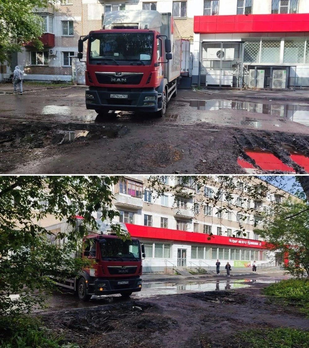 «Магнит» на Комаровского, 9. Коммерческому транспорту для разгрузки разрешается проезжать по кратчайшему пути по тротуару, но в данном случае тротуара недостаточно&nbsp;— грузовики едут через газоны, разворотив их до неузнаваемости | Источник: читатель 74.RU