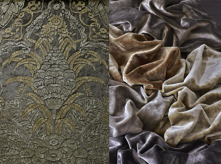 Ткань Antoinette, цвет Dusk, воссоздана по сохранившемуся образцу текстиля XVII века; Ткани Cavalier, вискоза, хлопок.