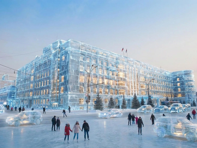 Конструктивизм Новосибирска отлично сочетается с ледяной архитектурой. К счастью, в реальности эти здания более долговечны. | Источник: Ольга Бурлакова, Юрий Орлов / Городские медиа