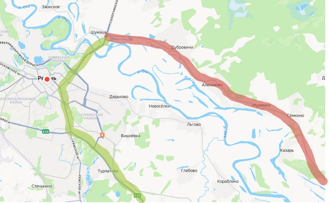 Красным отмечена дорога, которой коснутся ограничения, а зеленым&nbsp;— вариант объезда | Источник: yandex.ru/maps