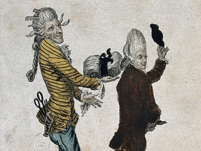 Карикатура на мужские парики, XVIII век | Источник: wikipedia.org