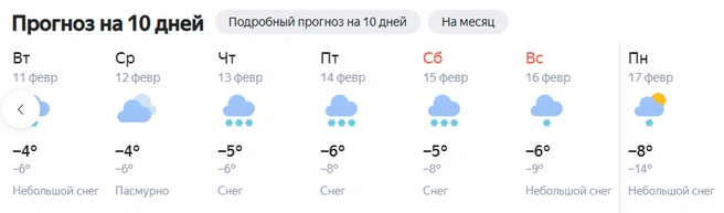 По данным сервиса, самый холодный день на неделе — воскресенье, 16 февраля | Источник: Яндекс. Погода