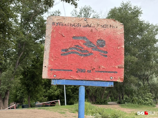 О том, что купание запрещено почти по всему берегу Урала говорят таблички | Источник: Николай Сальников / 56.RU
