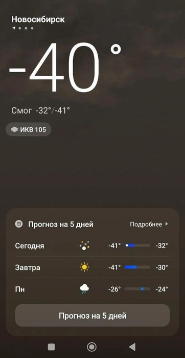 Такую температуру показывают сервисы в ОбьГЭС | Источник: Наталья