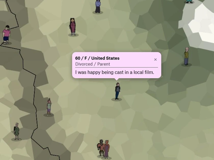 «Мужчина, 72. Помог соседу перенести вещи в сарай». Посмотрите на карту счастья десяти тысяч людей — она вдохновляет