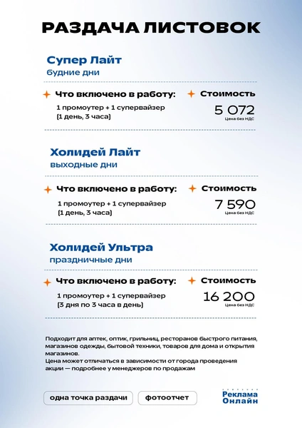 Стоимость организации и проведения промоакции стартует от 5072 рублей | Источник: рекламное агентство «Реклама Онлайн»