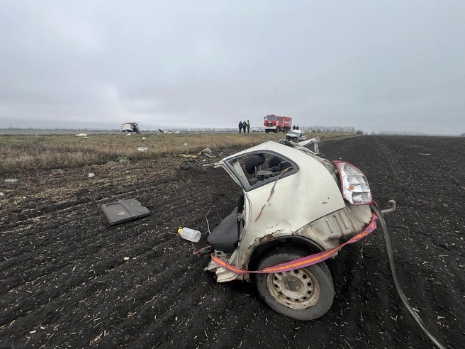 Задняя часть автомобиля вылетела с дороги в поле | Источник: t.me/mvd36