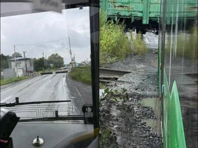 Автобус сел на брюхо на путях | Источник: читатель E1.RU