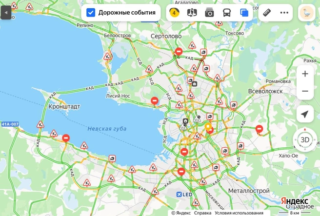 В Петербурге плотно, особенно на севере. На Выборгском шоссе пробка 8 баллов, на Энгельса 9 | www.fontanka.ru