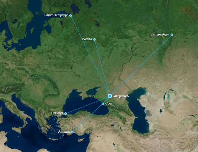 География полетов из аэропорта Ставрополя | Источник: stavavia.ru