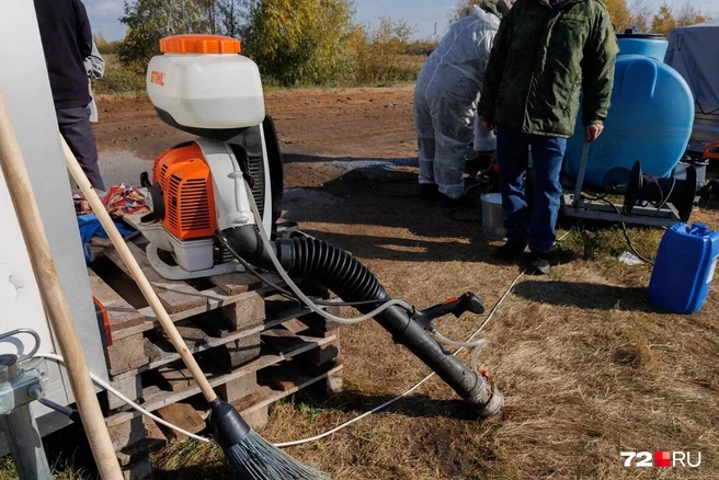 Обрабатывают спецсредствами легковые и грузовые машины | Источник: Ирина Шарова / 72.RU