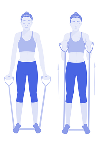 Упражнение с эспандеромПолезно для бицепса. Встаньте на ленту, ноги на ширине плеч, руки держат оба конца эспандера, локти прижаты к телу. Симметрично сгибайте руки в локтях и тяните ленту к груди, затем – аккуратно опустите. Повторить 10 раз.