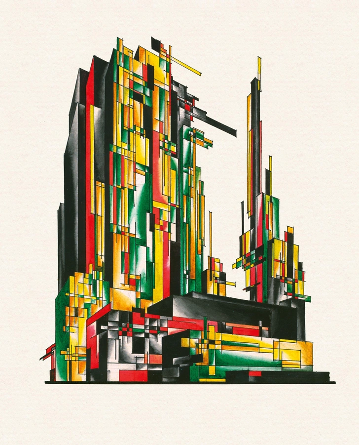 Я. Чернихов. «Дом-гигант в Нью-Йорке. Композиция № 223» из цикла «Основы современной архитектуры», 1925-1929, Архитектурный благотворительный фонд имени Якова Чернихова | Источник: фонд имени Якова Чернихова