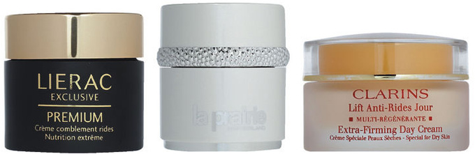 Premium, LIERAC; White Caviar, LA PRAIRIE; Lift Anti-Rides Jour, CLARINS. Prodigy Extreme, HELENA RUBINSTEIN; Creme Divine, L’OCCITANE; Re-Nutriv, ESTEE LAUDER.
