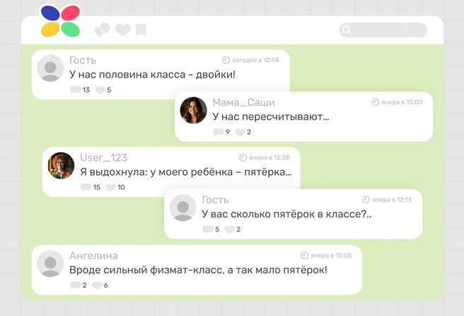 Мамские форумы и чаты пестрят тревожными сводками по классам: у кого сколько пятерок, четверок, троек, двоек | Источник: Ирина Калмыкова