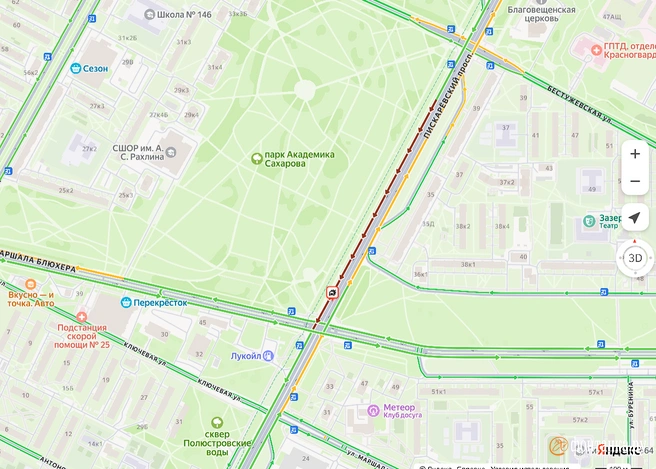 В третьем часу дня Пискаревский проспект замедляла плотная пробка. Позже движение восстановилось | Источник: «Яндекс.Карты»