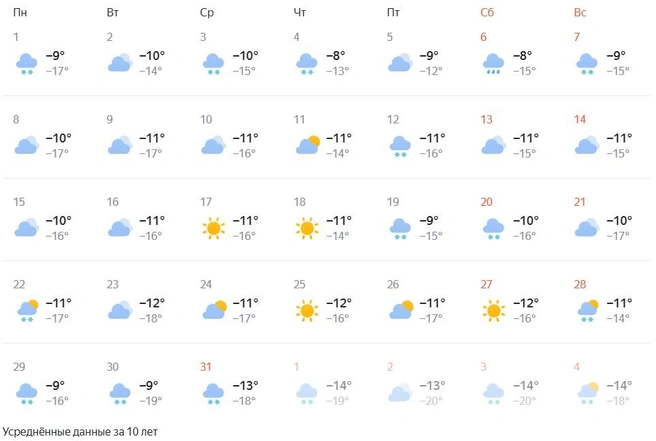 Снегопады возможны днем и ночью | Источник: yandex.ru/pogoda