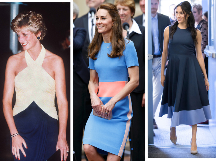 Королевский тренд: платья в стиле color-blocking от первых британских модниц