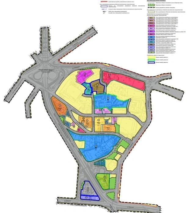 Желтый и оранжевый цвета — жилая застройка, розовый — деловой центр, голубой — школа и детский сад | Источник: документация к проекту