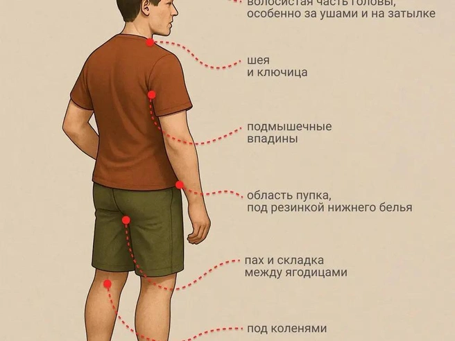 Клещи ищут места с тонкой кожей и хорошим кровоснабжением | Источник: Юрий Орлов / Городские медиа