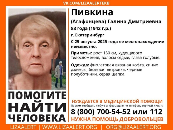 Галина Дмитриевна одета в синие джинсы, фиолетовую кофту, светлую ветровку и вязаную шапку. | Источник: ЛизаАлерт