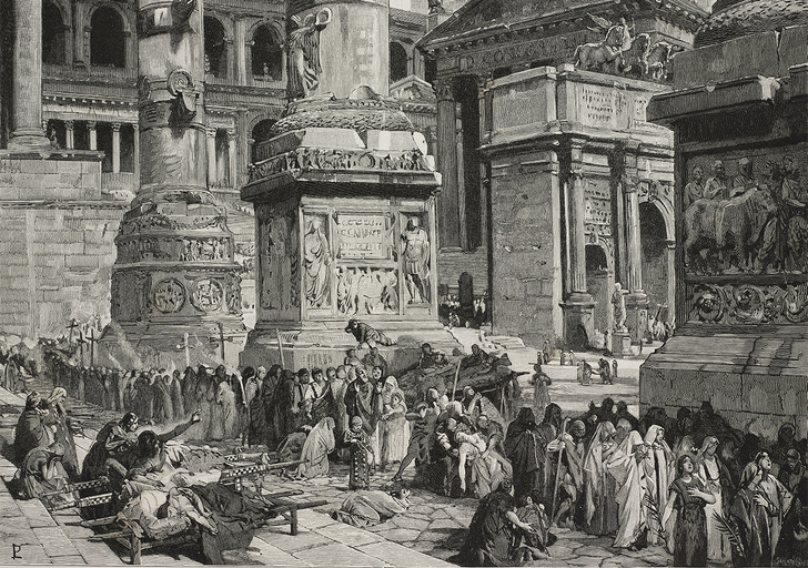 Шествие в Риме во время чумы 590 г. Гравюра Франческо Бертолини