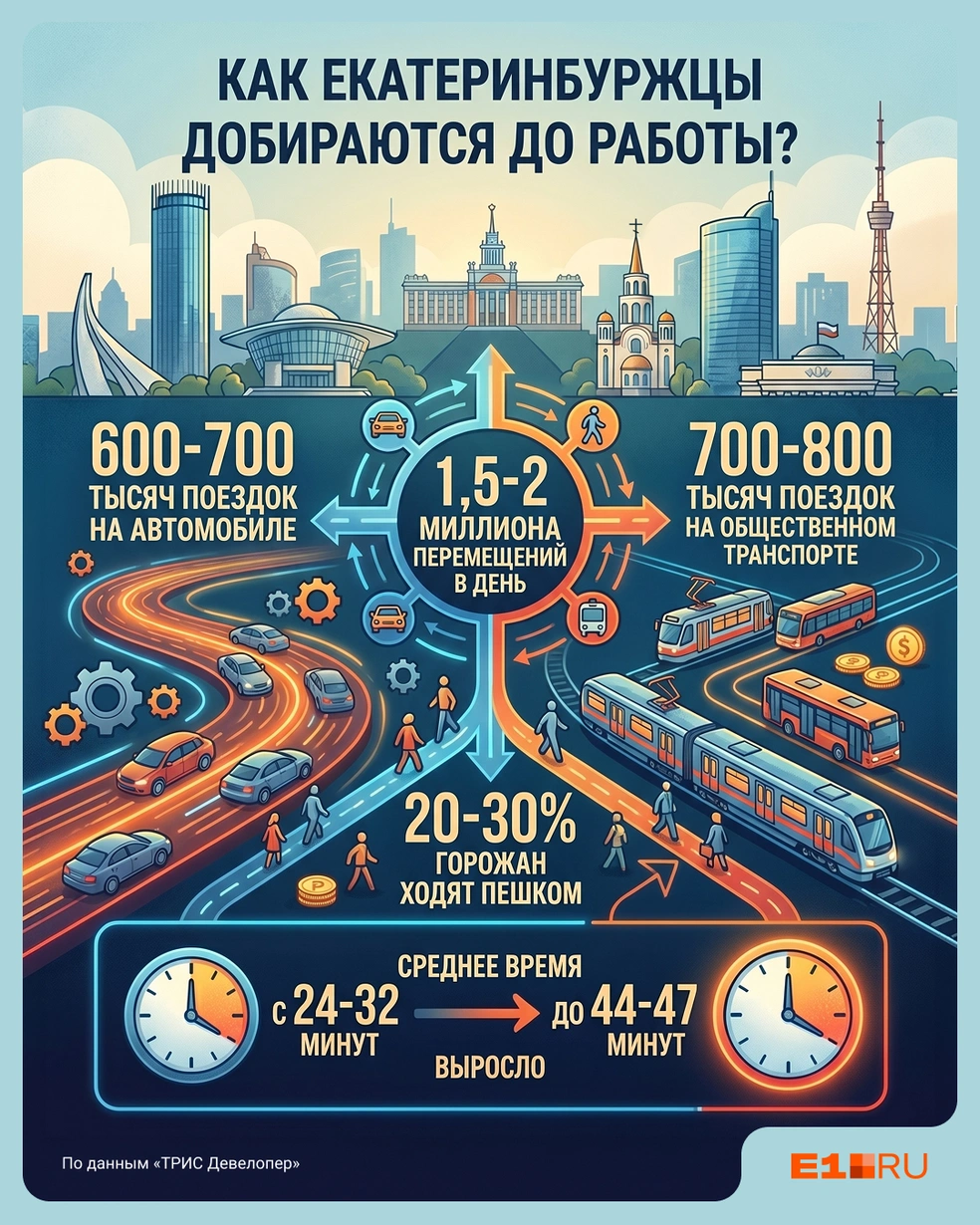 Не больше трети всех перемещений екатеринбуржцы проделывают пешком, остальное&nbsp;— в пробках | Источник: Филипп Сапегин / E1.RU