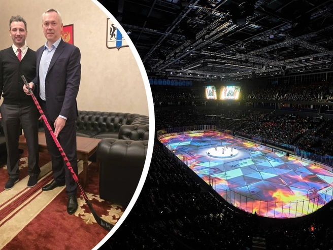 На опубликованном снимке губернатор Андрей Травников изображен с хоккейной клюшкой в руках во время встречи с Романом Ротенбергом. | Источник: Фото: Telegram-канал Романа Ротенберга