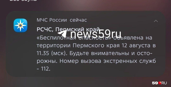 Уведомление о беспилотной опасности пришло тем, кто установил приложение МЧС | Источник: Читатель 59.RU