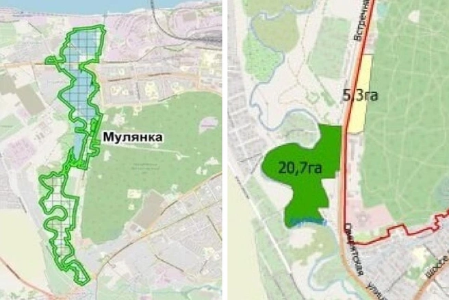 Слева запланированные ранее границы ООПТ в долине Мулянки, справа — схема изменения границ ООПТ | Источник: Министерство природных ресурсов, лесного хозяйства и экологии Пермского края, администрация Перми