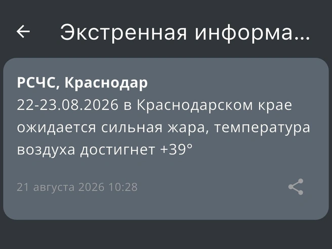 В Краснодаре ожидается сильная жара | Источник: Приложение МЧС России 
