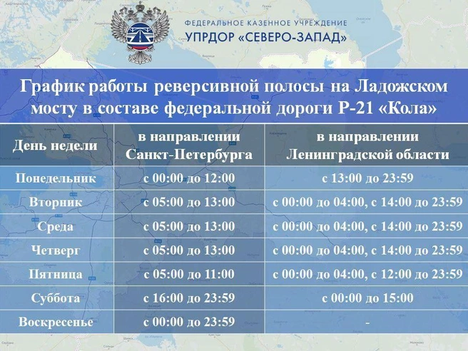 В будние дни, кроме понедельника, полоса будет открыта для движения в область ночью и вечером. | Источник: ФКУ Упрдор «Северо-Запад»