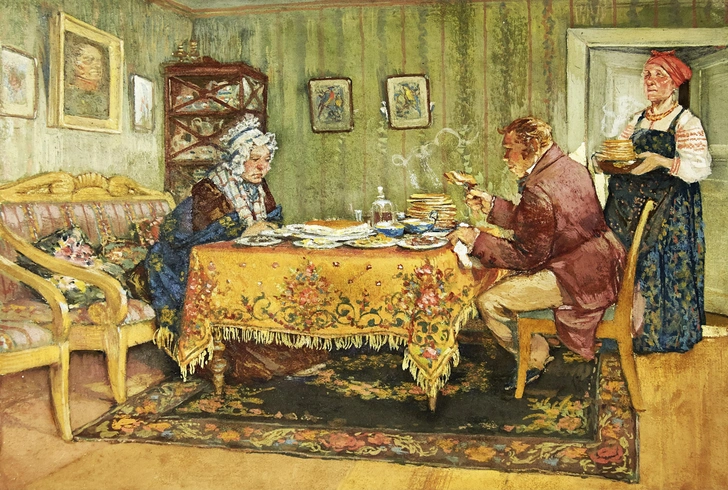 Чичиков в доме у Коробочки, иллюстрация Евгения Праведникова к «Мертвым душам», 1930-е | Источник: Fine Art Images/Heritage Images via Legion Media