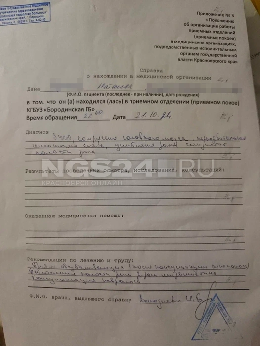 Справка Бородинской городской больницы, выданная Наталье в день избиения | Источник: Межрегиональный центр по правам детей