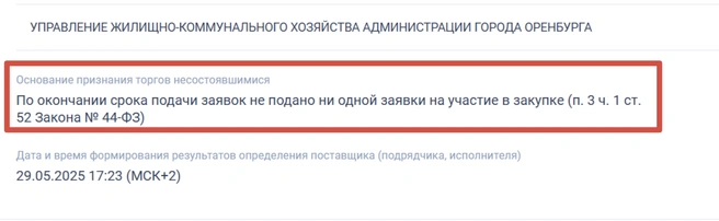 На тендер снова никто не заявился | Источник: «Госзакупки»