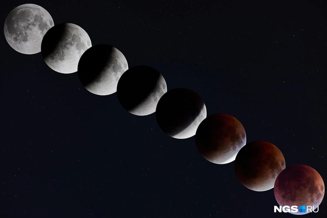 Во время затмения Луна становится тёмно-красной, из-за чего её называют Кровавой Луной | Источник: Александр Ощепков / NGS.RU