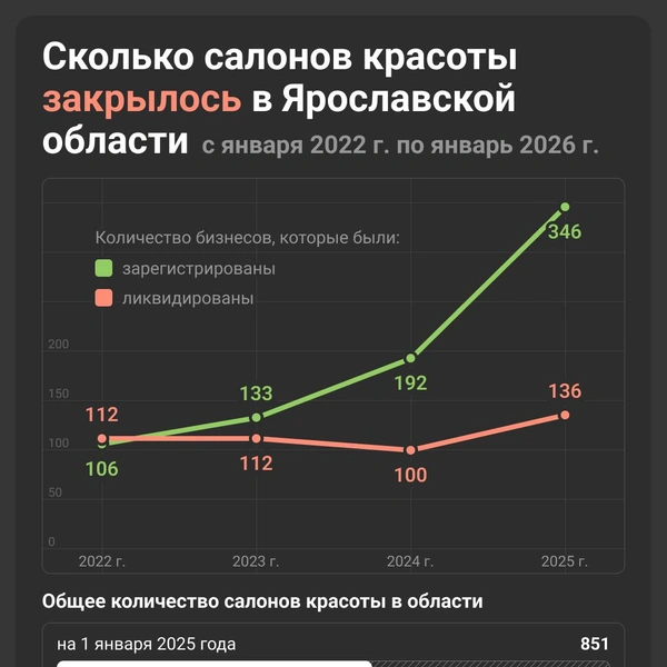 Сколько салонов красоты закрылось в Ярославской области с января 2022 года по январь 2026‑го | Источник: Юрий Скулыбердин / Городские медиа