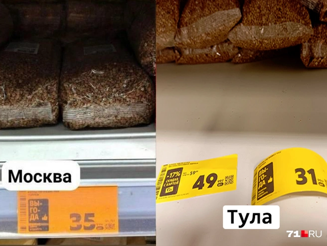 Гречка в Туле стоит на 11,11% дешевле (справа, слева цена для премиум-гречки) | Источник: Максим Улитов / 71.RU