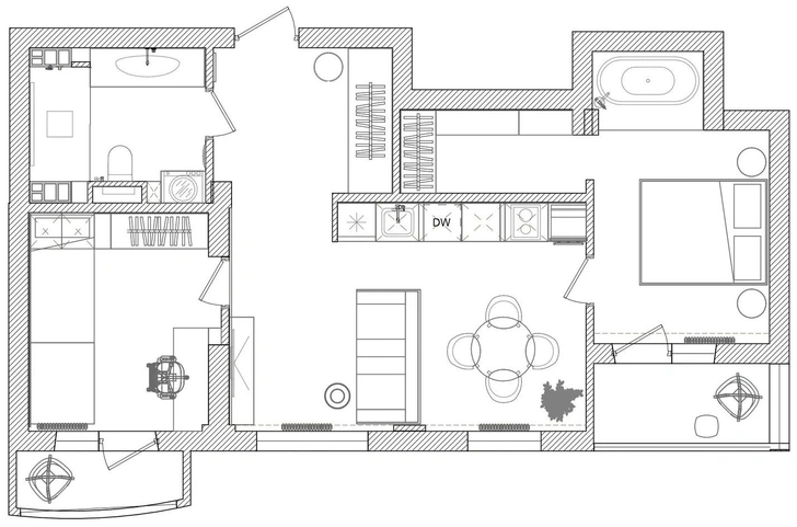 Монохромная квартира 62 м² с ванной в спальне в Минске