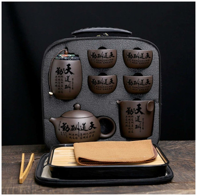 Набор для чайной церемонии глиняный в сумке / Походный китайский чайный набор / Чайный сервиз китайский